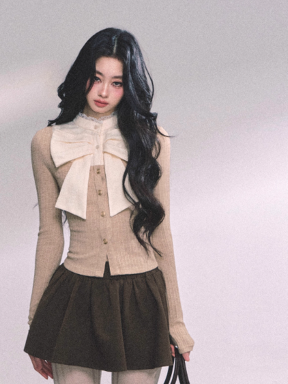 少也眼 French Bow Lace Knit Layered Long Sleeve Top