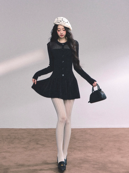 "小野莉娜" French Knit Slim-Fit Waist Black Dress