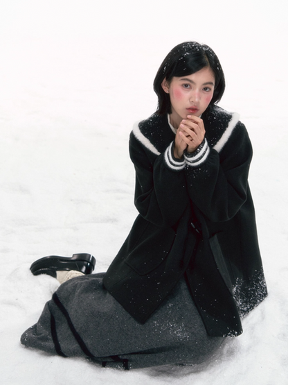 '旧时光领航员' Contrast Collar Wool-Blend Jacket & Plaid Skirt Se