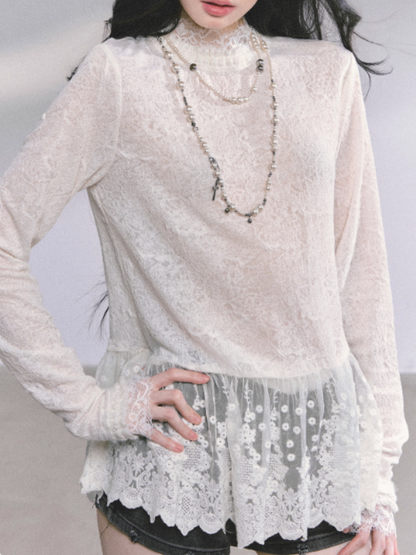 "日暮巴塞尔" Lace Hollow Semi-Turtleneck Slim Fit Long Sleeve Top