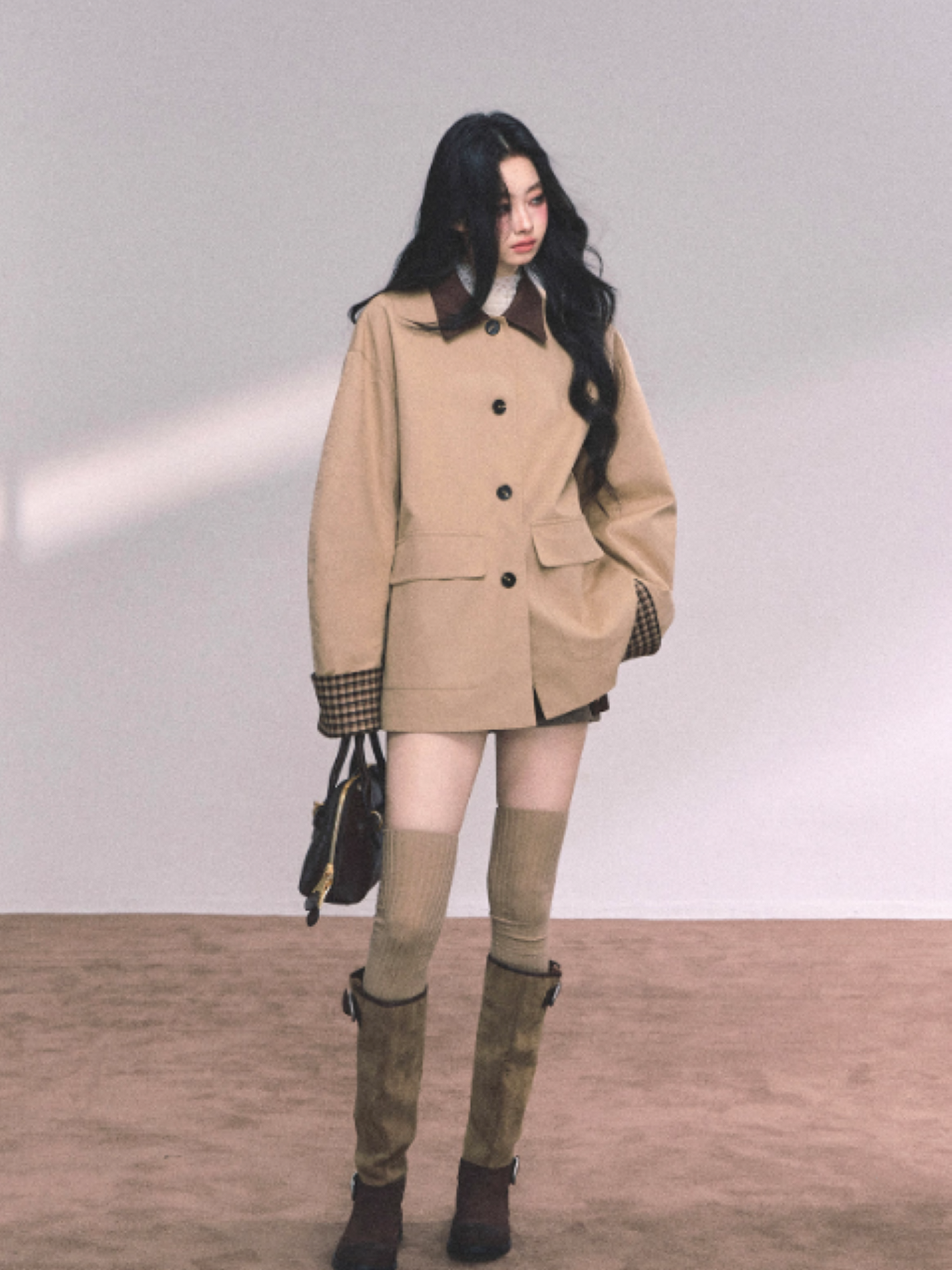 "日暮巴塞尔" British Preppy Polo-Collar Trench Jacket