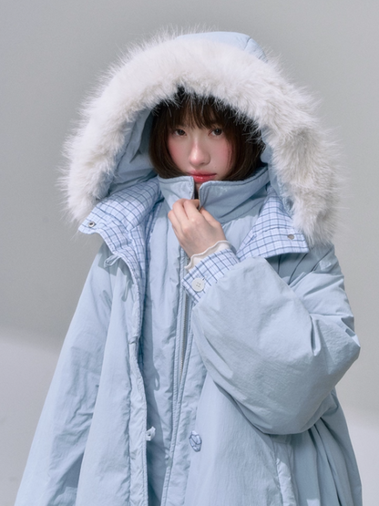 "雪境叠影" Faux Two-Piece Blue Down Jacket with 90% Duck Down & Fur Hood