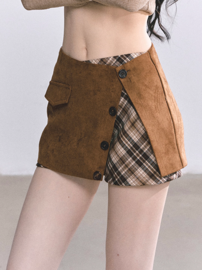 少也眼 Miu-Style Two-Piece Set – French Hepburn Jacket & Plaid Mini Skirt (Light Coffee)