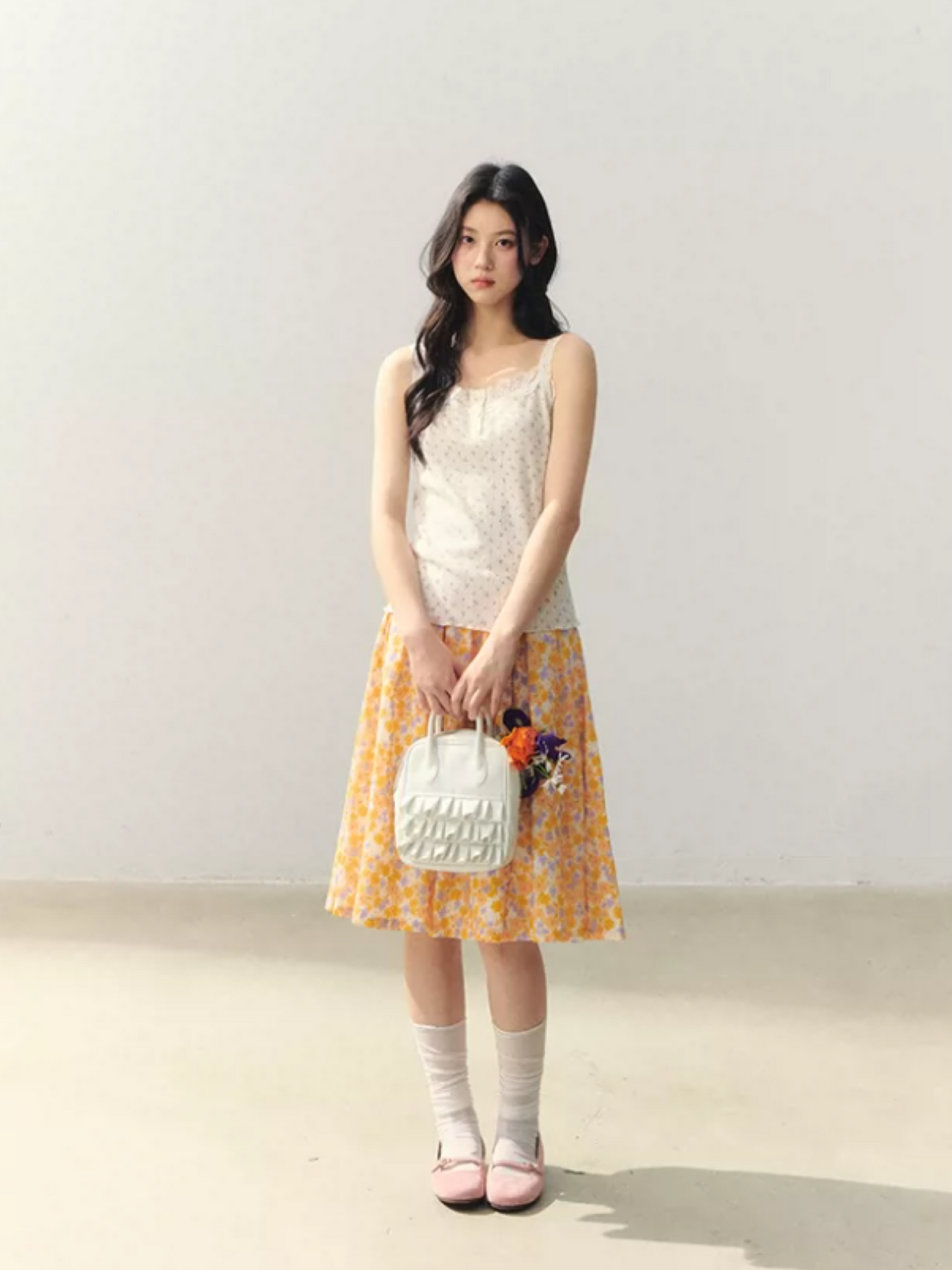 Citrus Bloom Lace Cami & Floral Pleated Skirt Set LL2026039
