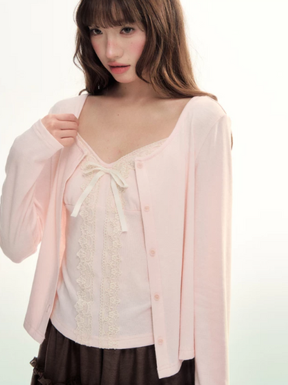 Soft Pink Lace Trim Knit Cami & Cardigan Set LL2026115