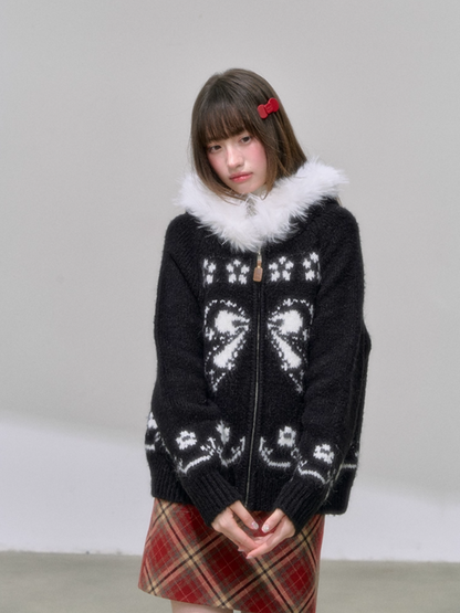"暗夜花序" Floral Jacquard Knit Hoodie Cardigan – Black Sweet Girl Streetwear with Fur Trim