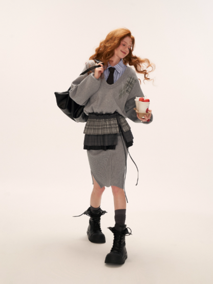 MAMC - Plaid Patchwork Knit Dress with Pleated Layered Apron Skirt WE812
