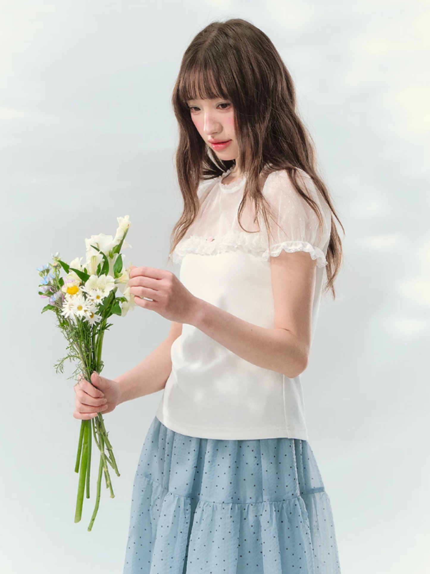 “Soft Candy Stardust” Lace Mesh Puff Sleeve Tee  LL2026149