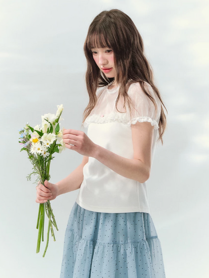 “Soft Candy Stardust” Lace Mesh Puff Sleeve Tee  LL2026149