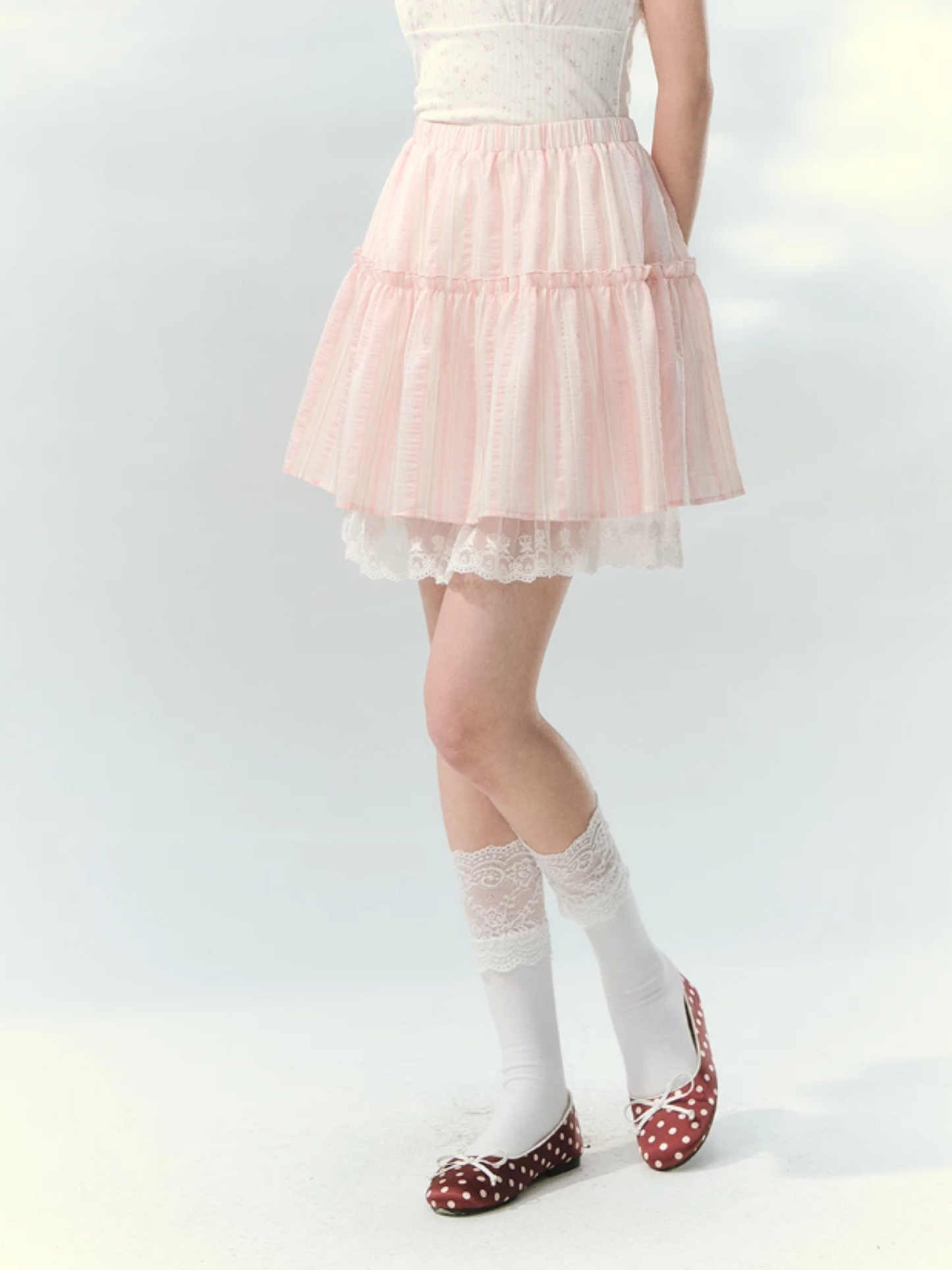 “Pink Mist Love Letter” Pink Stripe Lace Skirt Set LL2026161