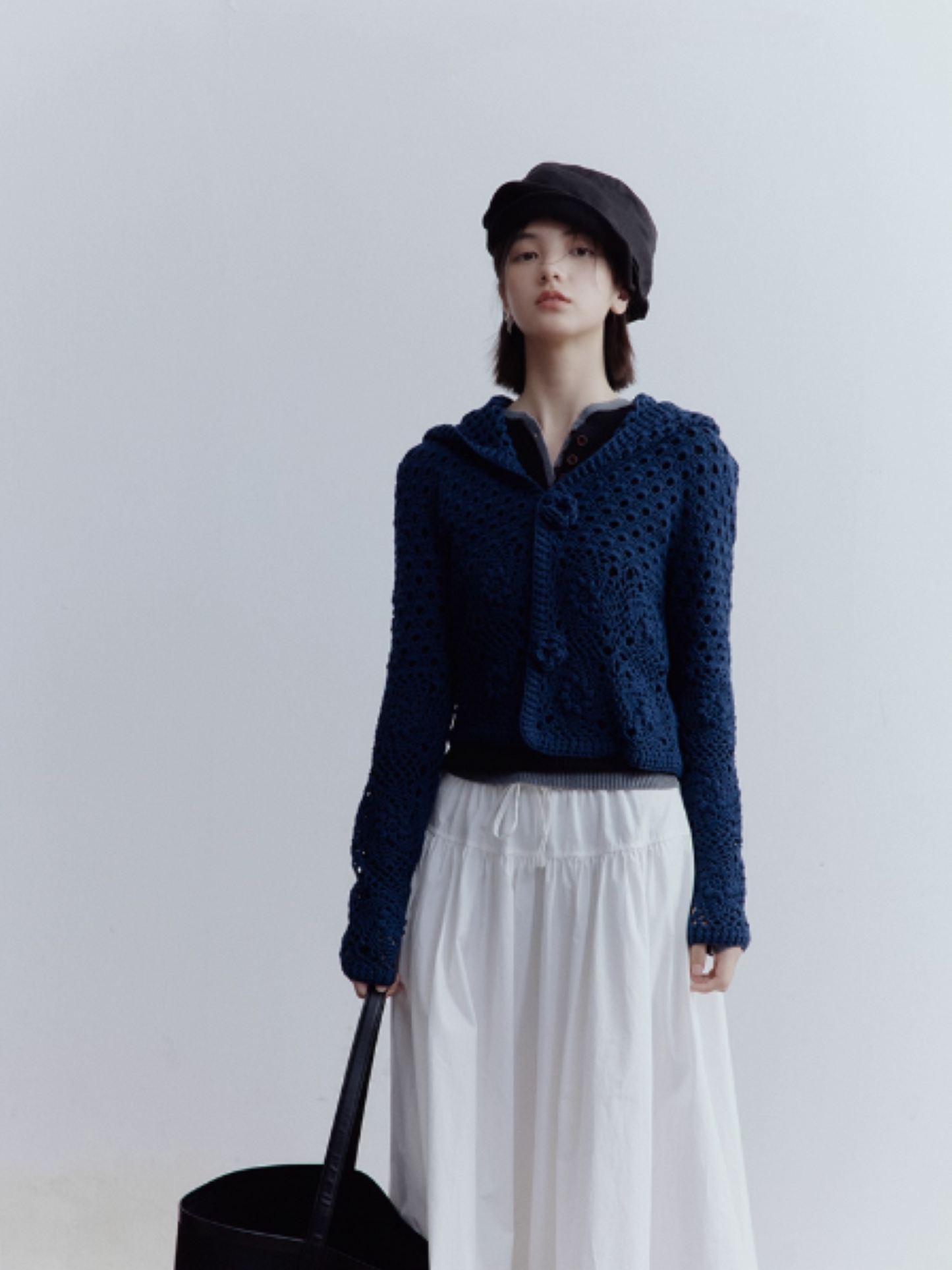 FUSSED Garden Midnight Garden Hand-Crocheted 3D Rose Knit Cardigan – Dusky Blue Cotton FOF-25SS176