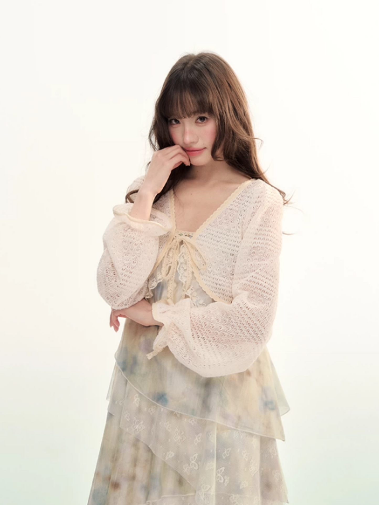 Ivory Lace Tie-Front Cropped Cardigan LL2026105