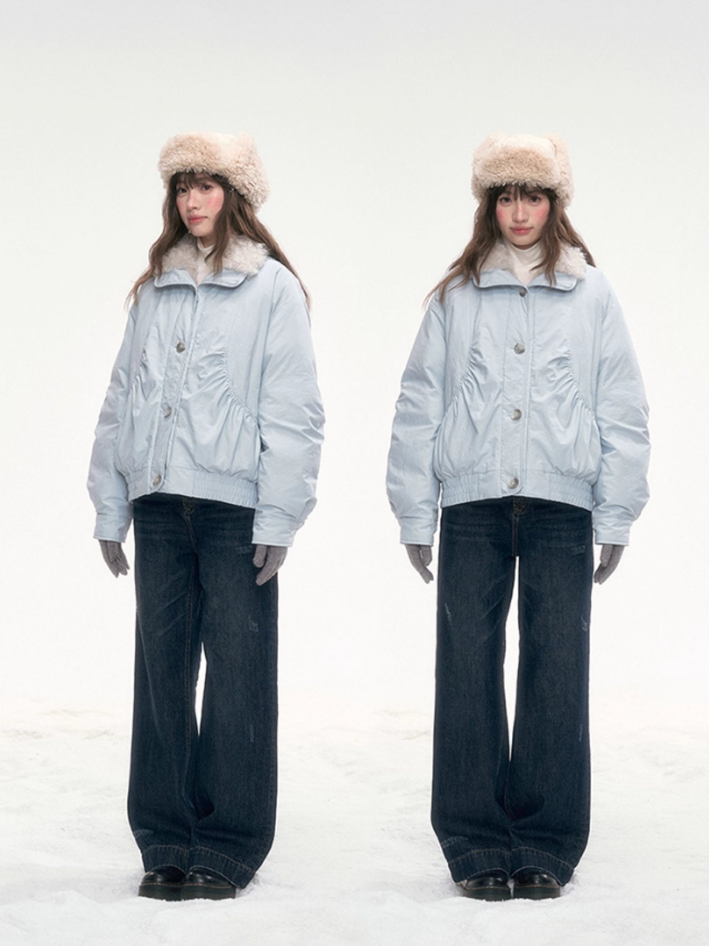 "Soft Mist Cove" Contrast Collar Down Jacket – Sky Blue & Light Gray LL2025308