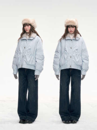 "Soft Mist Cove" Contrast Collar Down Jacket – Sky Blue & Light Gray LL2025308