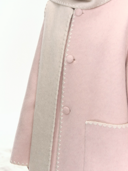 "Morning Verse & Night Poem" Reversible Wool Two-Tone Overcoat - Pink × White LL2025455