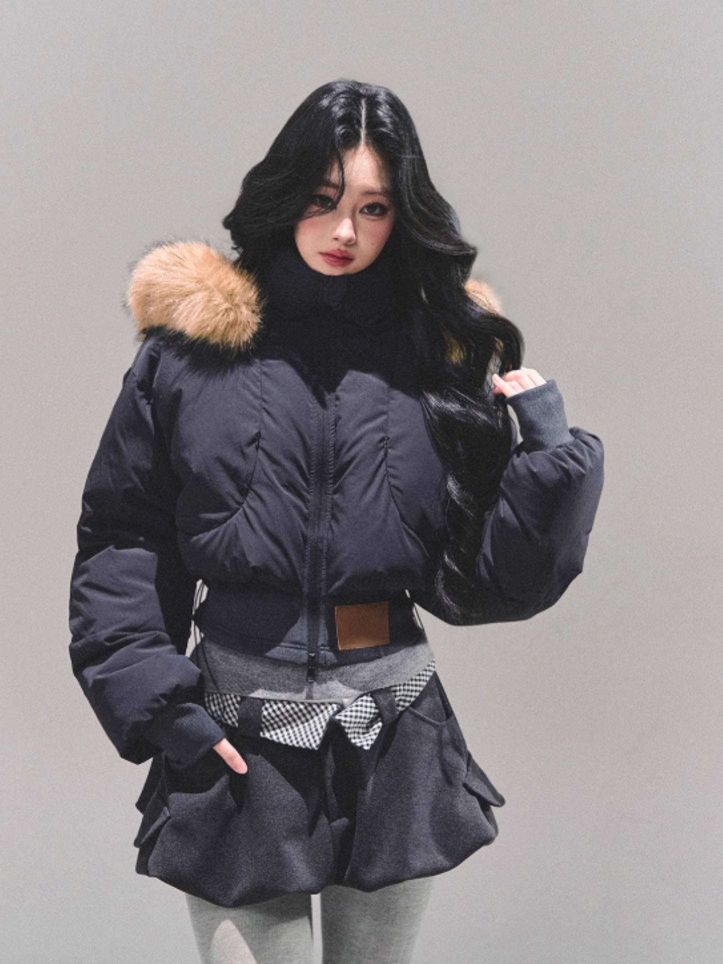 少也眼 Korean Preppy Short Puffer Jacket - Navy Blue