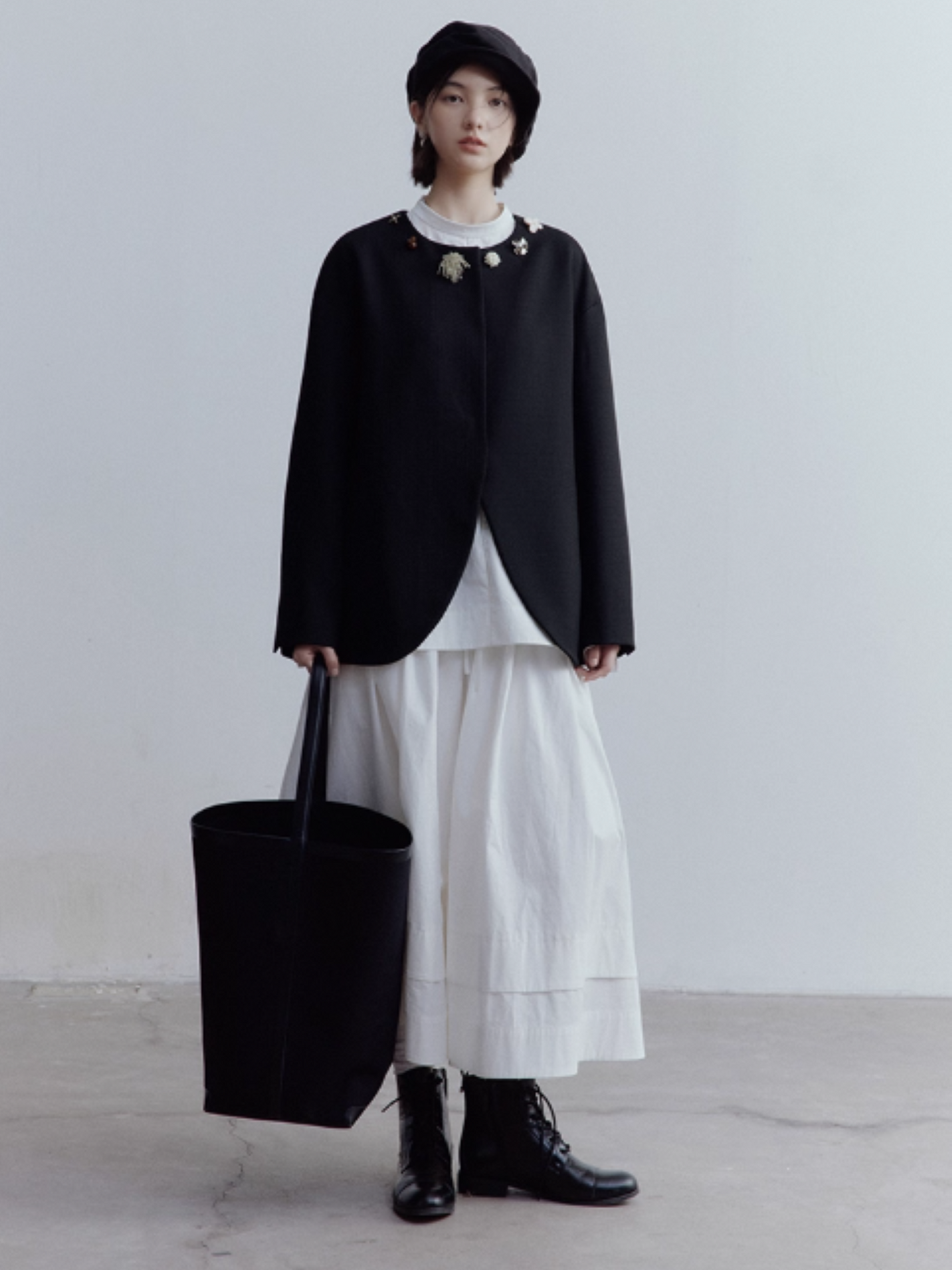 FUSSED Curious Museum Wool Tweed Jacket – Art Button Embellished in Elegant Black FOF-25SS131