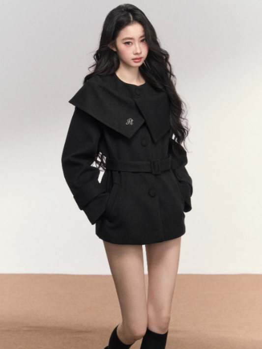 PCH - Black Wool-Blend Waist-Fit Coat with Cape Detail & High-Waist Shorts Set