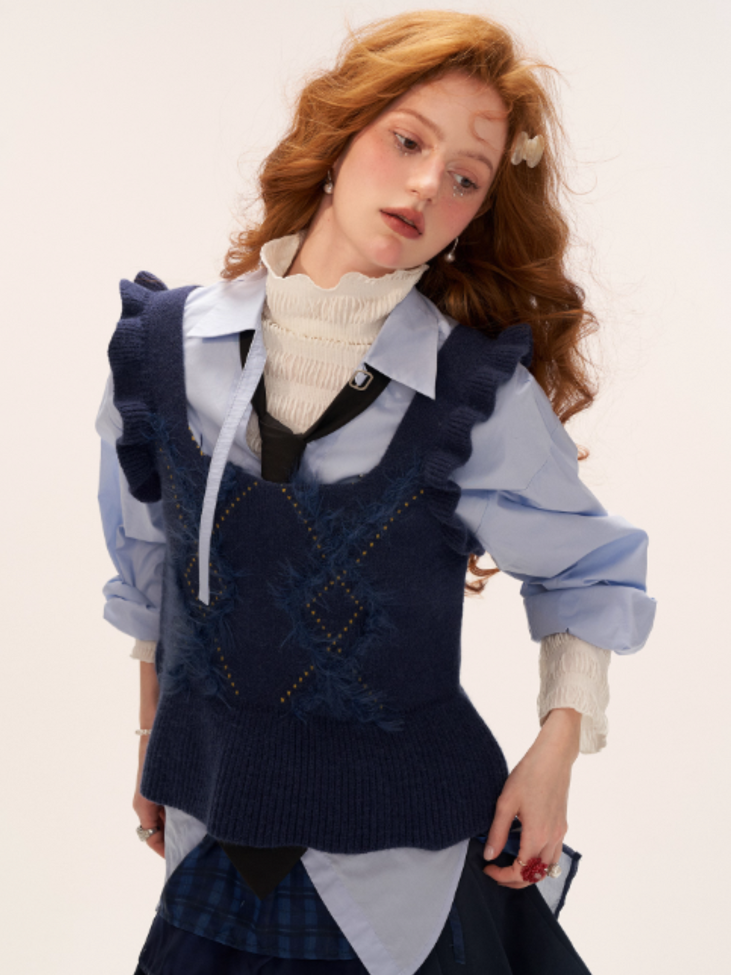 MAMC - Blue Knit Sweater Vest with Lace Trim WE747