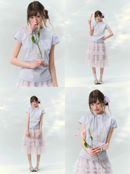 “Lilac Embroidered Whisper” Orchid Purple Mandarin Collar Blouse