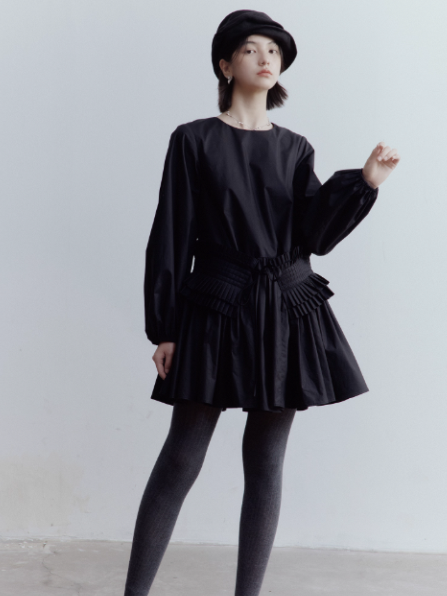FUSSED Fragmented Dream Noir Pleated Cotton Doll Dress FOF-25SS159b