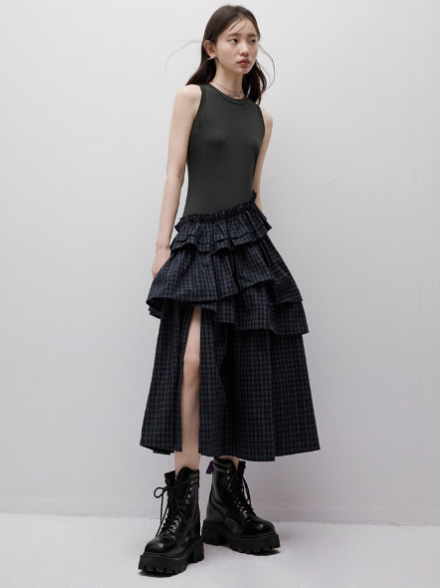 FUSSED Layered Asymmetric Patchwork Dress – British Blue Green FOF-25SS032