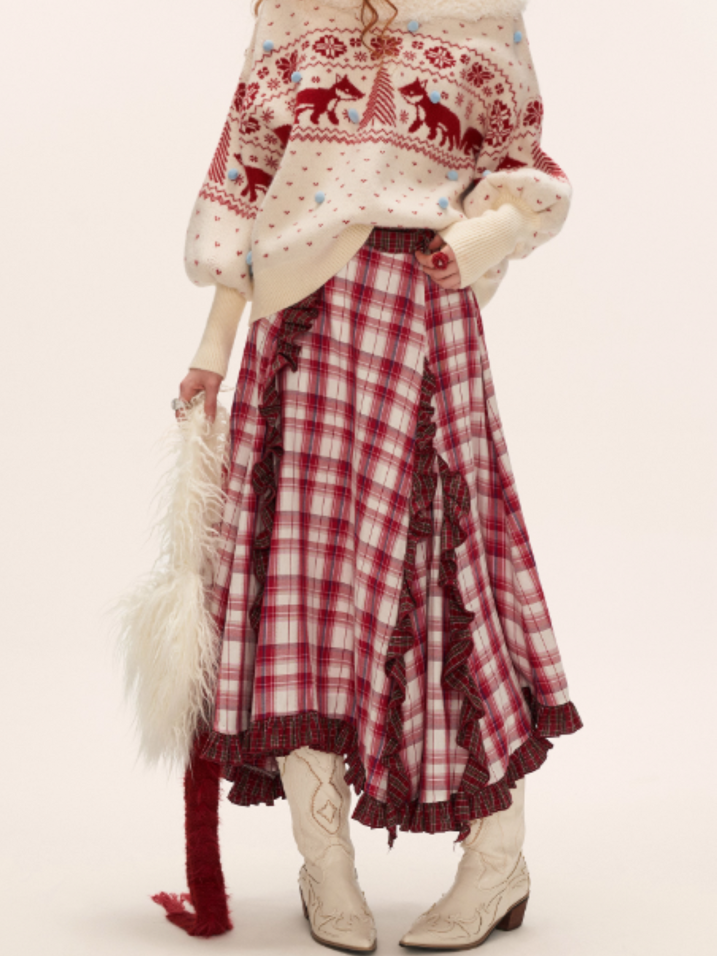 Asymmetrical Plaid Maxi Skirt with Ruffle Hem WE814 (Red)