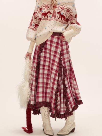 Asymmetrical Plaid Maxi Skirt with Ruffle Hem WE814 (Red)