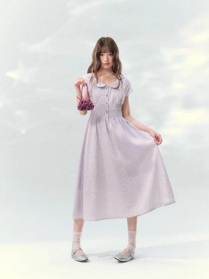 “Lavender Tea Mist” Lilac Stripe Puff Sleeve Dress LL2026137
