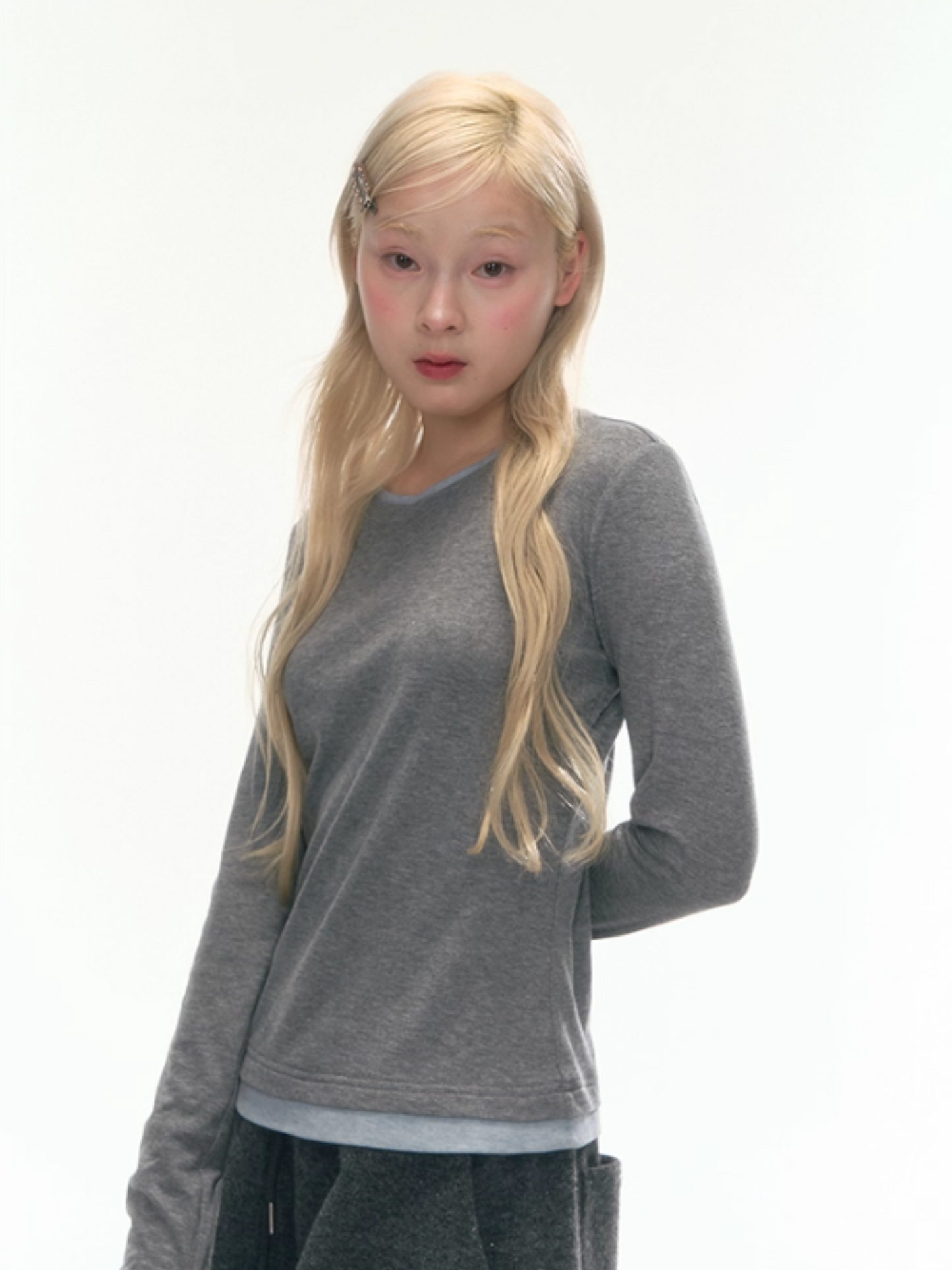 "Cream Cloud" Gray - Blue Colorblock Wool Knit Top LL2025471