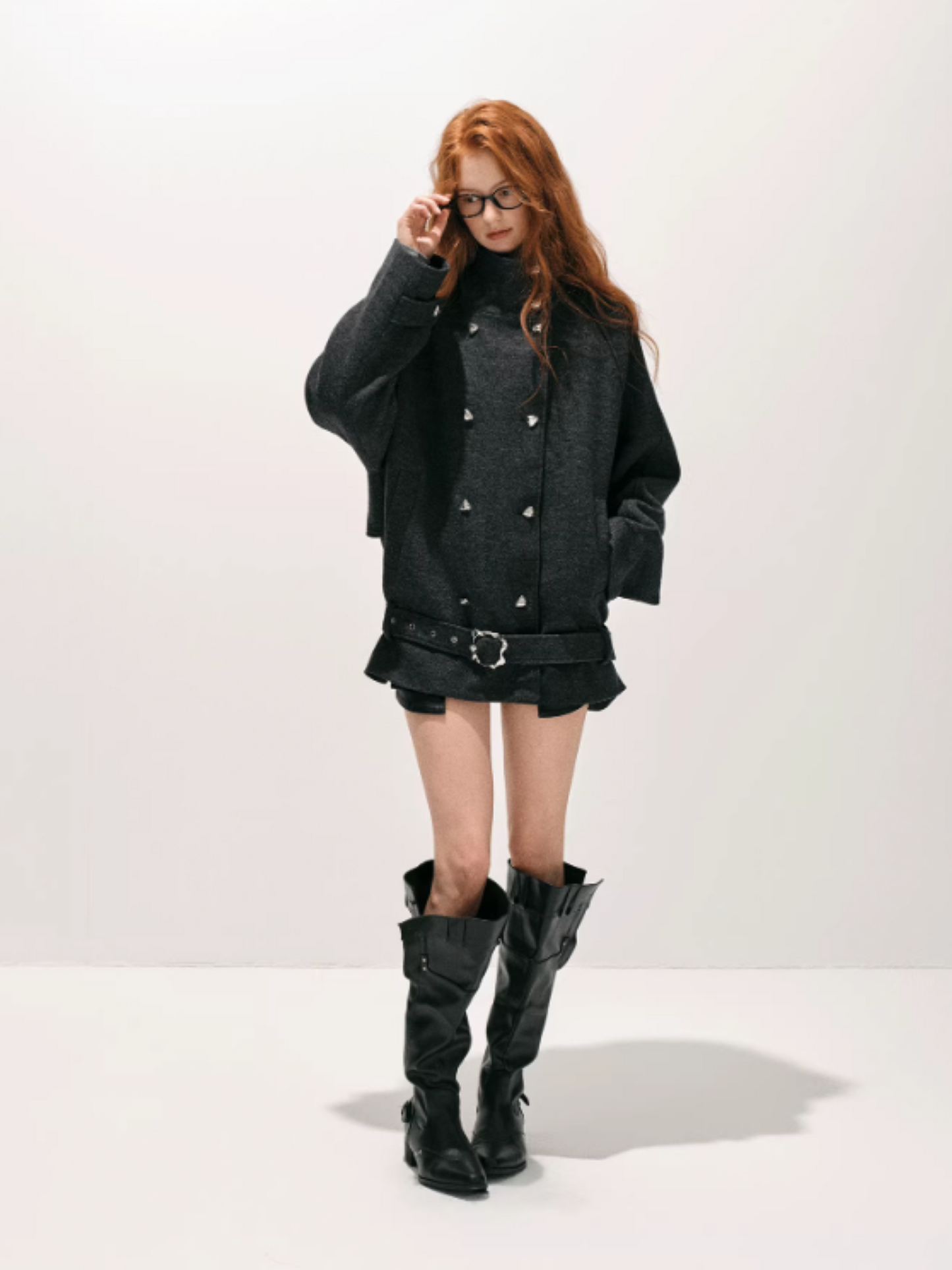 "柔廓定理" Wool-Blend Structured Military Coat with Stand Collar