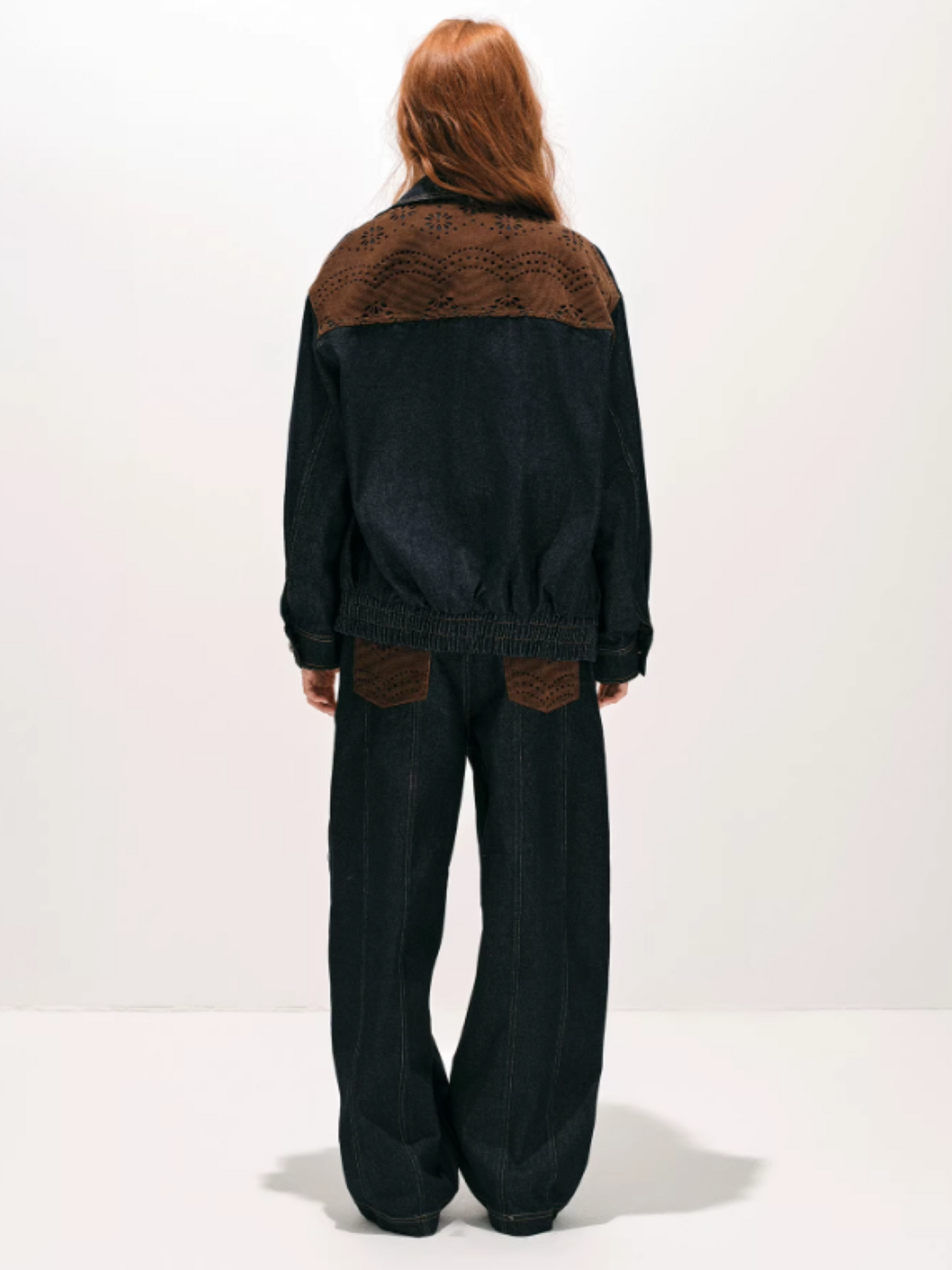 "荒野造势" Western-Inspired Suede-Panel Denim Jacket & Pants Set