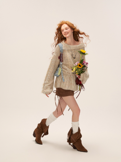 MAMC - Beige Cable Knit Tie-Waist Sweater WE835