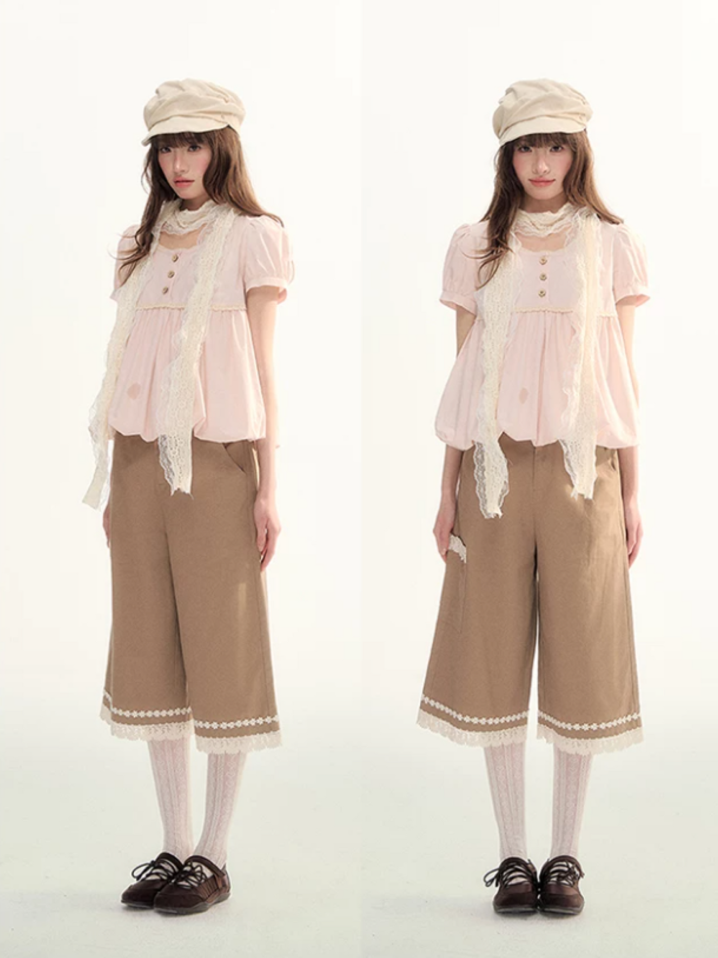 Caramel Lace Trim Cropped Straight-Leg Pants WW2026085