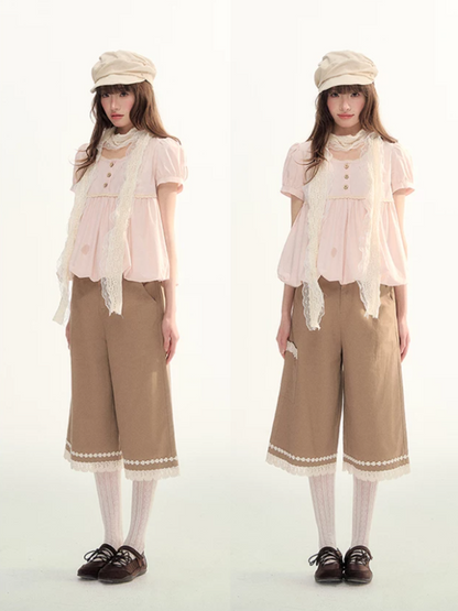 Caramel Lace Trim Cropped Straight-Leg Pants WW2026085
