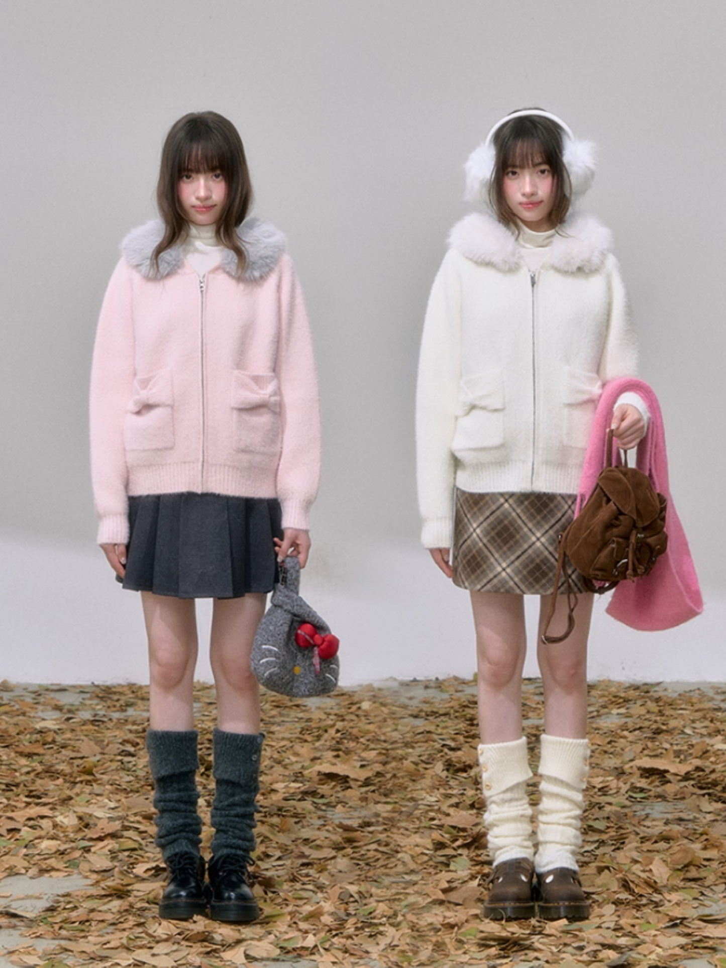 "糖霜玫境" Soft Girl Bow Pocket Hoodie Cardigan – Pastel Pink/ Milky White