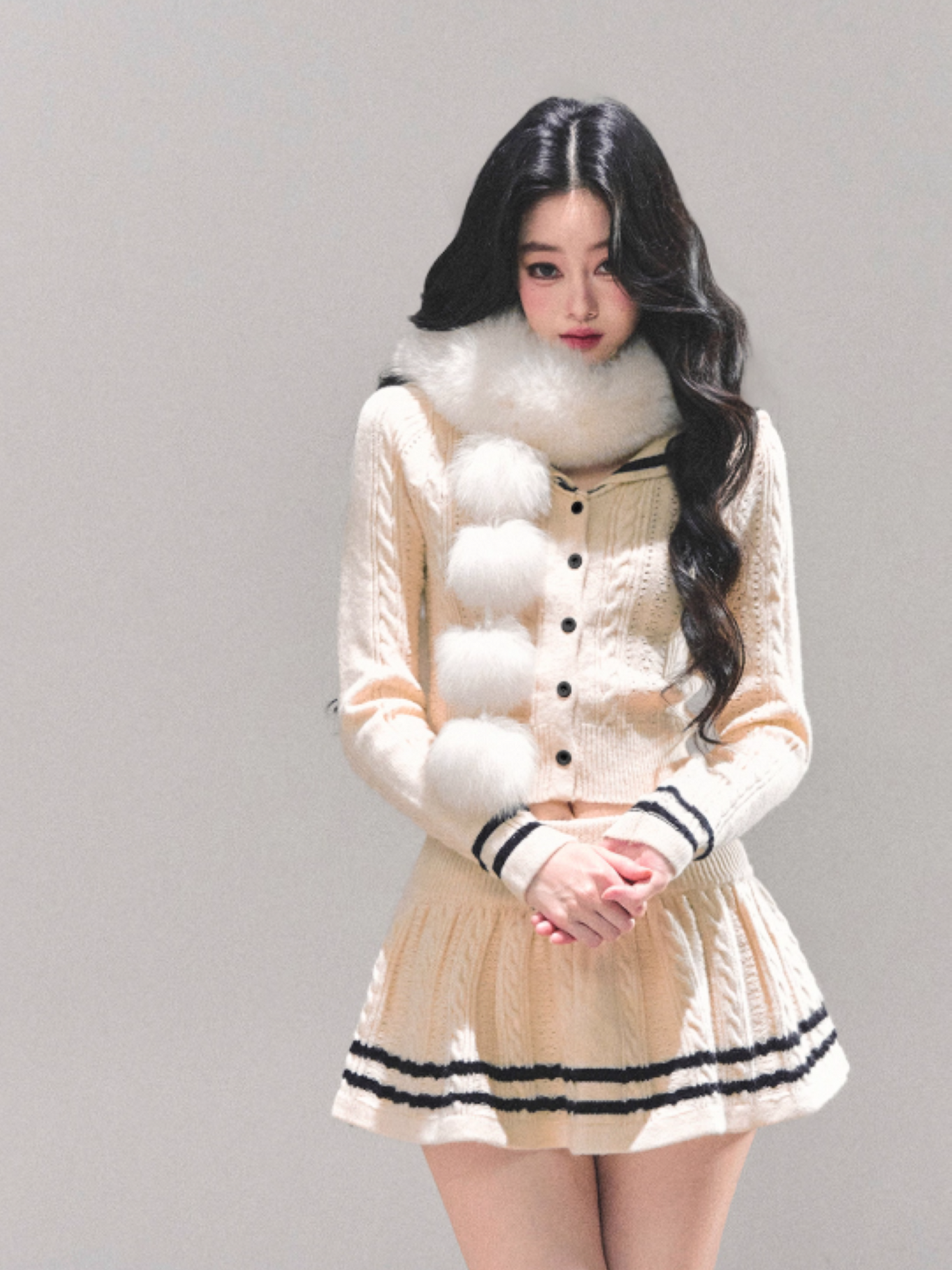"晚风的低语" French Knit Co-ord Set – Beige Top & Mini Skirt