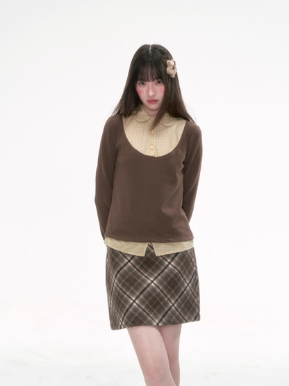 '格间絮语' Vintage Plaid Patchwork Knit Top – Brown/Yellow & Gray/Blue