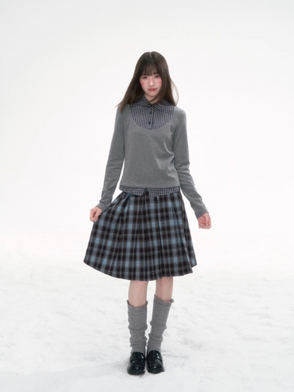 '棕蓝序曲' Blue-Brown Plaid Skirt