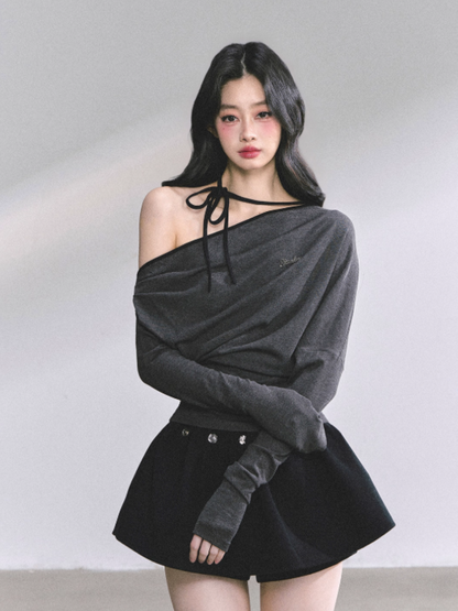 少也眼 K-pop Trainee Off-Shoulder Halter Long Sleeve Top (Grey)
