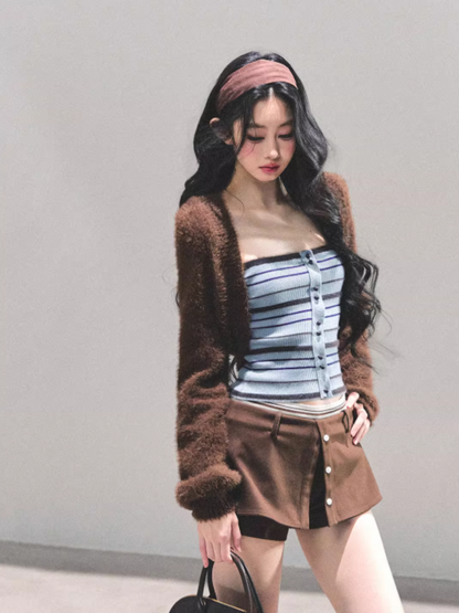 少也眼 Autumn Breeze Striped Knit Slim Vest Tee
