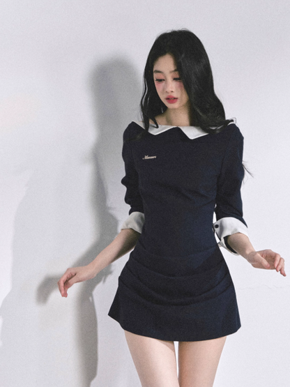 少也眼 Navy Blue High-End Hepburn Style Sexy Bodycon Mini Dress