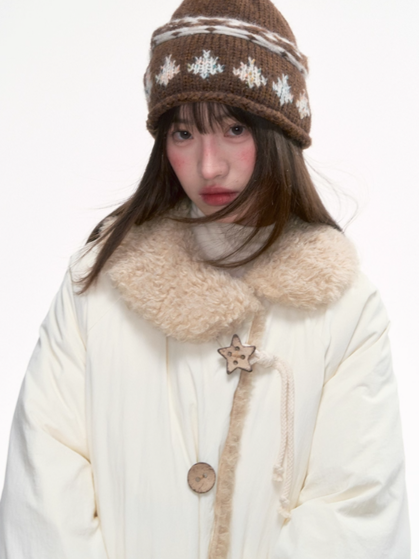 '绒间星轨' Puffer Jacket with Faux Fur Collar – Beige