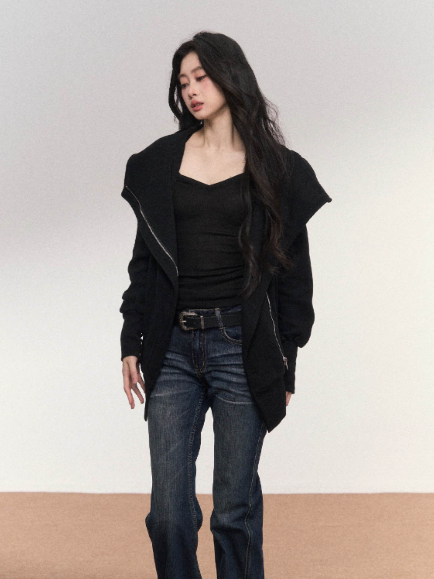 PCH - Cotton Zip-Up Hoodie with Detachable Collar (Black)