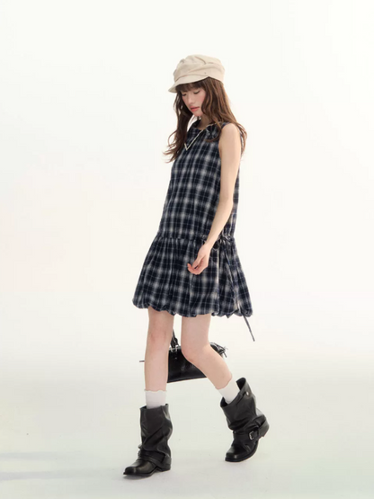 Blue Plaid Bubble Hem Dress  LL2026089