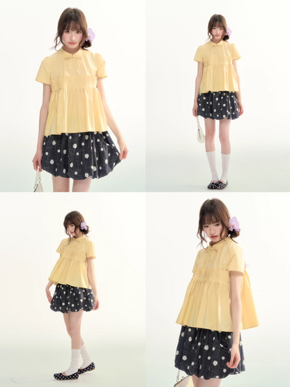 Butter Yellow Pleated Puff Sleeve Blouse WW2026069