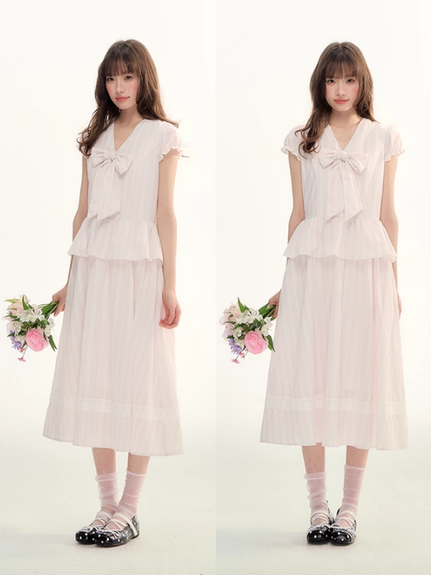 Pink Stripe Bow Detail Midi Dress LL2026080