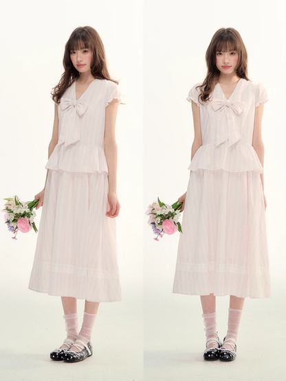 Pink Stripe Bow Detail Midi Dress LL2026080