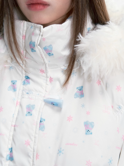'落雪熊迹' Puffer Jacket with Faux Fur Hood & Blue Bear Print