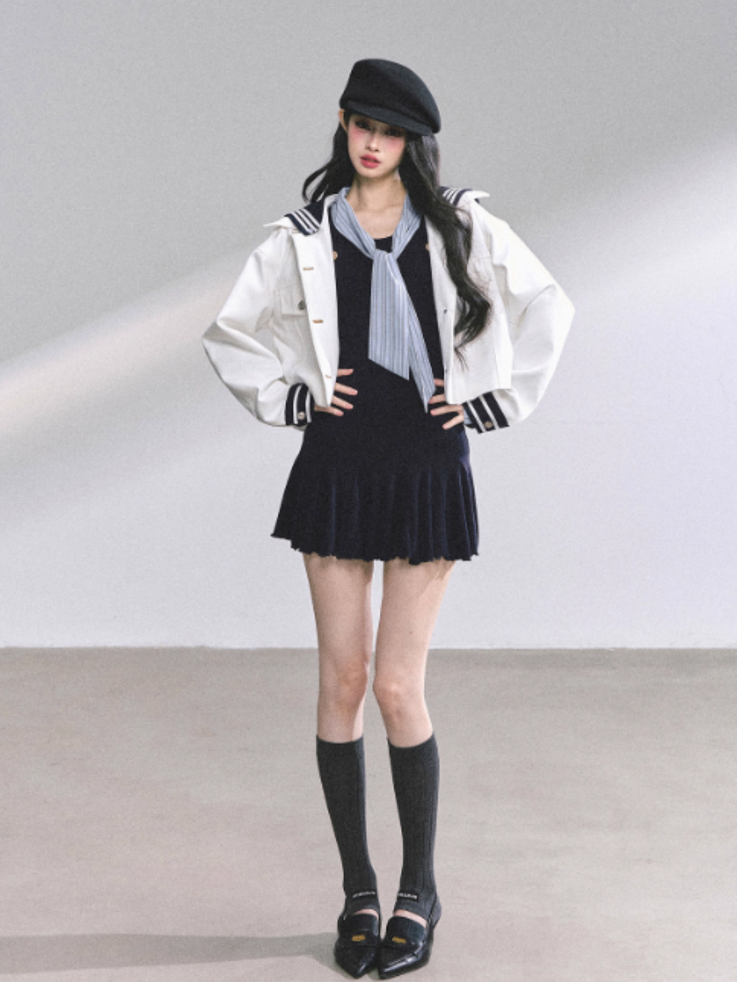 少也眼 Navy Striped Preppy Long Sleeve Bodycon Mini Dress with Tie